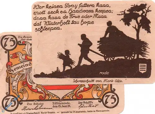 Notgeld Nöschenrode gelb , 75 Pfennig Schein RODE , Mehl Grabowski 980.8 , Sachsen Anhalt Seriennotgeld