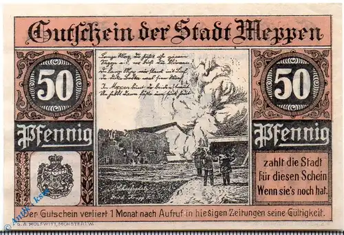Notgeld Meppen , 50 Pfennig Schein , Mehl Grabowski 883.1 , von 1921 , Niedersachsen Serien Notgeld