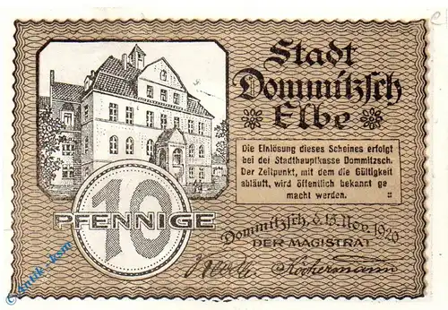 Notgeld Dommitzsch , 10 Pfennig Schein , Rs schwarz , Mehl Grabowski 279.1 , von 1920 , Sachsen Seriennotgeld