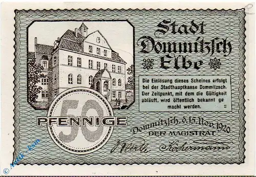 Notgeld Dommitzsch , 50 Pfennig Schein , Rs schwarz , Mehl Grabowski 279.1 , von 1920 , Sachsen Seriennotgeld