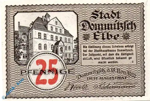 Notgeld Dommitzsch , 25 Pfennig Schein , Rs braun , Mehl Grabowski 279.2 , von 1920 , Sachsen Seriennotgeld