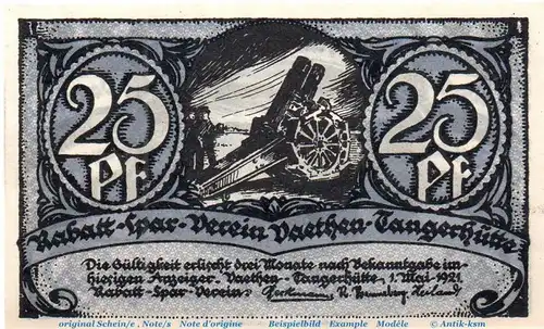 Notgeld Vaethen Tangerhütte 1357.1 , 25 Pfennig Schein Mai in kfr. von 1921 , Sachsen Anhalt Seriennotgeld