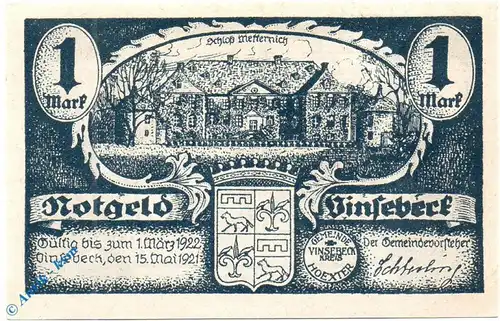 Notgeld Vinsebeck , 1 Mark Schein blau , Mehl Grabowski 1362.1 , von 1921 , Westfalen Seriennotgeld
