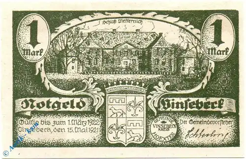 Notgeld Vinsebeck , 1 Mark Schein olivgrün , Mehl Grabowski 1362.1 , von 1921 , Westfalen Seriennotgeld