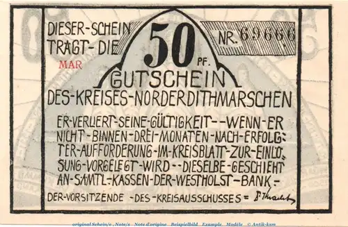 Notgeld Kreis Norder-Dithmarschen 983.4.a , 50 Pfennig Schein - MAR - in kfr. von 1921 , Schleswig Holstein Seriennotgeld