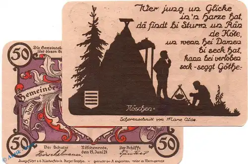 Notgeld Nöschenrode , 50 Pfennig Schein Nr 2 , violett , Mehl Grabowski 980.10 , von 1921 , Sachsen Anhalt Seriennotgeld