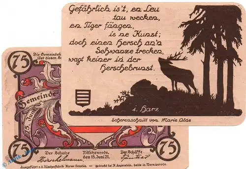 Notgeld Gemeinde Nöschenrode 980.10 , 75 Pfennig violett Nr.2 in kfr. von 1921 , Sachsen Anhalt Seriennotgeld
