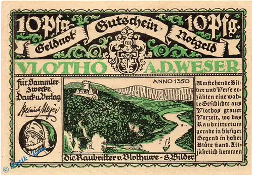 Notgeld Vlotho , 10 Pfennig Schein in kfr. blau-gelb , Mehl Grabowski 1364.1 c , Westfalen Seriennotgeld