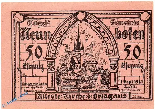 Notgeld Neunhofen , 50 Pfennig Schein in kfr. Mehl Grabowski 956.1 , von 1921 , Thüringen Seriennotgeld