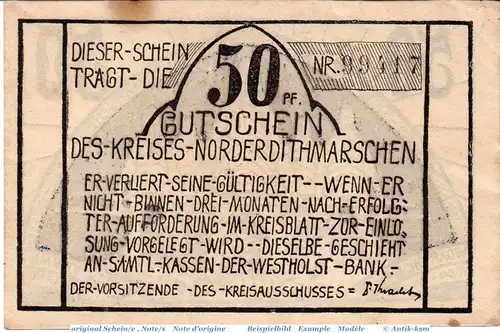 Notgeld Norder Dithmarschen , 50 Pfennig Ohne Aufdruck f-kfr. Mehl Grabowski 983.2 , 1921 , Schleswig Holstein Seriennotgeld
