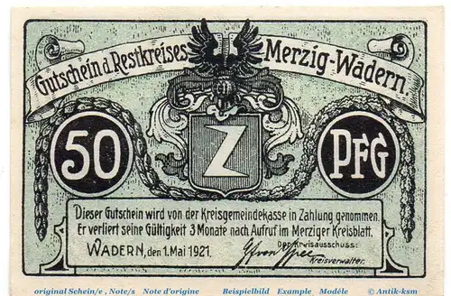 Notgeld Restkreis Merzig-Wadern 885.1.b , 50 Pfennig Schein in kfr. von 1921 , Rheinland Seriennotgeld