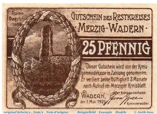 Notgeld Restkreis Merzig-Wadern 885.1.b , 25 Pfennig Schein in kfr. von 1921 , Rheinland Seriennotgeld