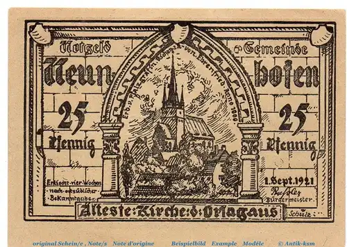 Notgeld Gemeinde Neunhofen 956.1 , 25 Pfennig Schein in kfr. von 1921 , Thüringen Seriennotgeld