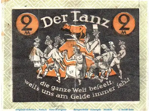 Notgeld Vergnügungskommission Düsseldorf 301.1 , 2 Mark Schein in gbr. von 1921 , Westfalen Seriennotgeld