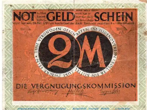 Notgeld Vergnügungskommission Düsseldorf 301.1 , 2 Mark Schein in gbr. von 1921 , Westfalen Seriennotgeld