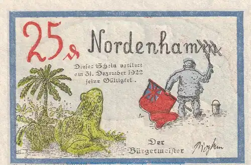 Notgeld Stadt Nordenham 982.1.c , 25 Pfennig Nr 2  -20mm- , in kfr. o.D , Niedersachsen Seriennotgeld