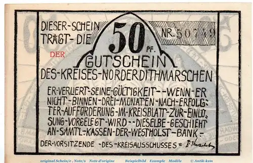 Notgeld Kreis Norder Dithmarschen 983.4.a , 50 Pfennig Schein Nr 3 in kfr. o.D. Schleswig Holstein Seriennotgeld