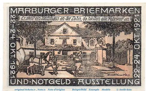 Notgeld Bm. und Ng. Ausstellung Marburg 867.1 , 25 Pfennig O. Wz. in kfr. von 1921 , Hessen Seriennotgeld