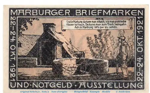 Notgeld Bm. und Ng. Ausstellung Marburg 867.2 , 50 Pfennig Schein in kfr. von 1921 , Hessen Seriennotgeld