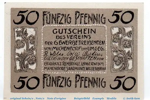 Notgeld Verein d. Gewerbetreibenden Michendorf 887.1 , 50 Pfennig Schein in kfr. von 1921 , Brandenburg Seriennotgeld