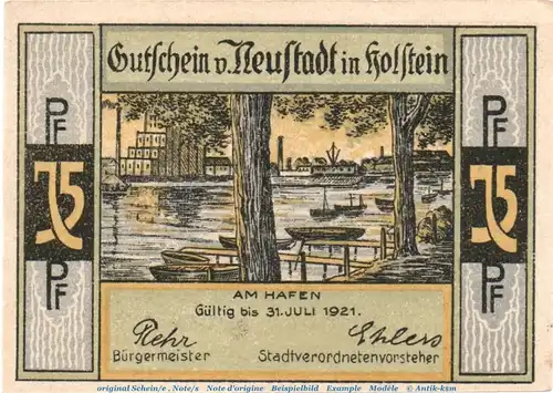 Notgeld Stadt Neustadt , 75 Pfennig Musterschein o.Kn. in kfr. o.D. , Schleswig Holstein Seriennotgeld