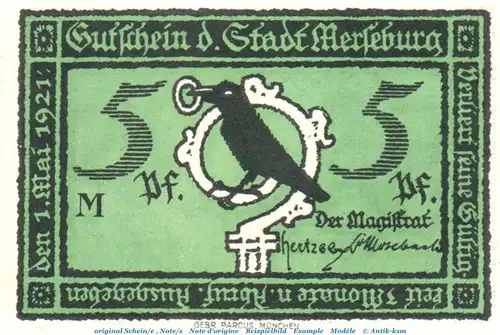 Notgeld Stadt Merseburg 884.1.M , 5 Pfennig Musterschein o.Kn. in kfr. von 1921 , Sachsen Anhalt Seriennotgeld