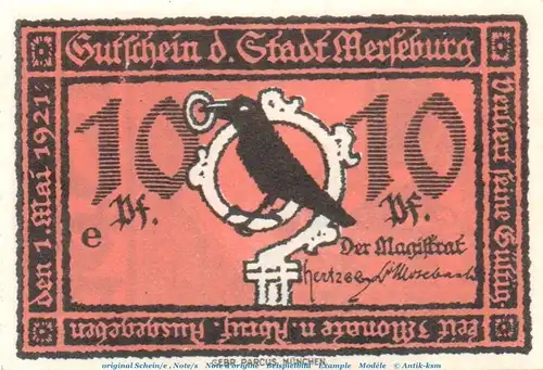 Notgeld Stadt Merseburg 884.1.M , 10 Pfennig Musterschein o.Kn. in kfr. von 1921 , Sachsen Anhalt Seriennotgeld