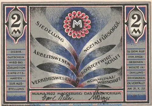Notgeld MIAMA Magdeburg 855.1.b , 2 Mark Schein in kfr. von 1922 , Sachsen Anhalt Seriennotgeld