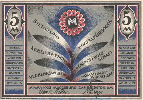 Notgeld MIAMA Magdeburg 855.1.b , 5 Mark Schein in kfr. von 1922 , Sachsen Anhalt Seriennotgeld