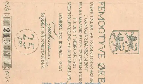 Notgeld Gemeinde Düppel 298.1-3 , 25 Öre Schein in kfr. von 1920 , Schleswig Holstein Seriennotgeld