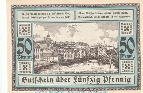 Notgeld Stadt Ueckermünde 1350.1 , 50 Pfennig Schein Nr.2 in kfr. von 1921 , Mecklenburg Vorpommern Seriennotgeld