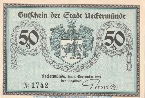 Notgeld Stadt Ueckermünde 1350.1 , 50 Pfennig Schein Nr.2 in kfr. von 1921 , Mecklenburg Vorpommern Seriennotgeld
