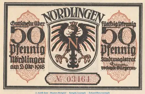 Notgeld Stadt Nördlingen 978.3 , 50 Pfennig -gelbbraun- Nr.2 in kfr. von 1918 , Bayern Seriennotgeld