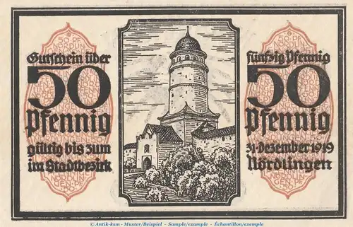 Notgeld Stadt Nördlingen 978.3 , 50 Pfennig -gelbbraun- Nr.2 in kfr. von 1918 , Bayern Seriennotgeld