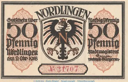 Notgeld Stadt Nördlingen 978.3 , 50 Pfennig -gelbbraun- Nr.1 in kfr. von 1918 , Bayern Seriennotgeld