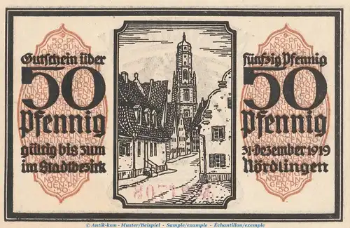 Notgeld Stadt Nördlingen 978.3 , 50 Pfennig -gelbbraun- Nr.1 in kfr. von 1918 , Bayern Seriennotgeld