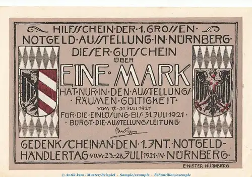 Notgeld Notgeldausstellung Nürnberg 991.1 , 1 Mark Schein Nr.2 in kfr. von 1921 , Bayern Seriennotgeld