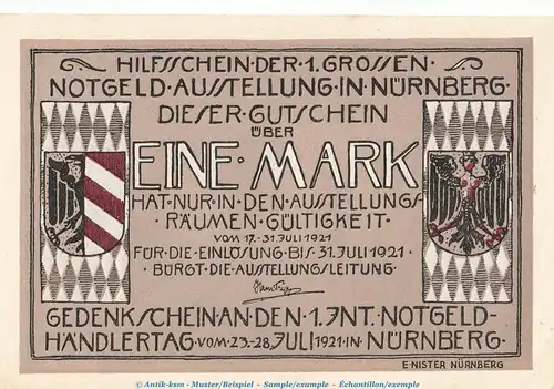 Notgeld Notgeldausstellung Nürnberg 991.1 , 1 Mark Schein Nr.1 in kfr. von 1921 , Bayern Seriennotgeld