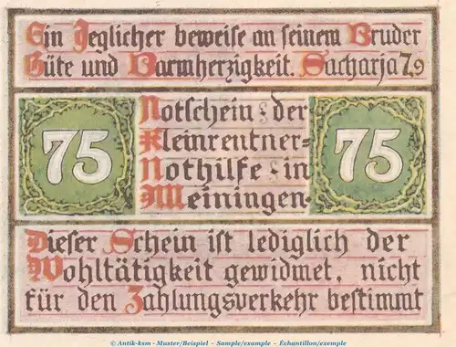Notgeld Kleinrentner Meiningen 876.2.a , 75 Pfennig Schein Nr.2 in kfr. o.D. Thüringen Seriennotgeld