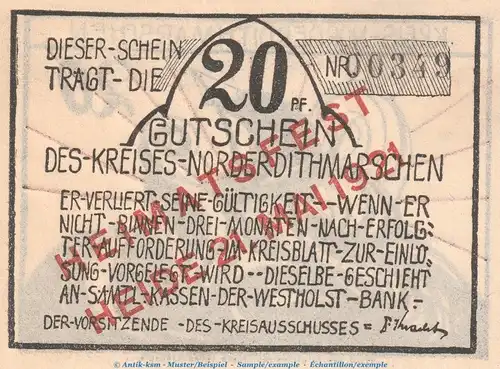 Notgeld Heimatfest Norder Dithmarschen 983.3 , 20 Pfennig Schein in kfr. o.D. Schleswig Holstein Seriennotgeld