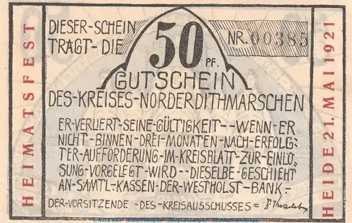 Notgeld Heimatfest Norder Dithmarschen 983.3 , 50 Pfennig Schein in kfr. o.D. Schleswig Holstein Seriennotgeld