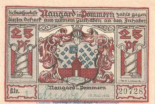 Notgeld Sparkasse Naugard 923.1.a , 25 Pfennig Schein -grün gest- in kfr. von 1922 , Pommern Seriennotgeld