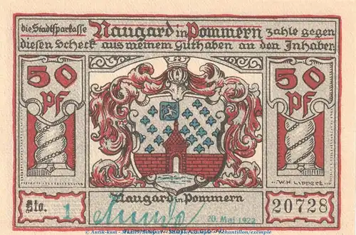 Notgeld Sparkasse Naugard 923.1.a , 50 Pfennig Schein -grün gest- in kfr. von 1922 , Pommern Seriennotgeld