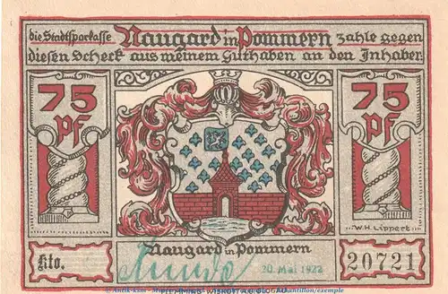 Notgeld Sparkasse Naugard 923.1.a , 75 Pfennig Schein -grün gest- in kfr. von 1922 , Pommern Seriennotgeld