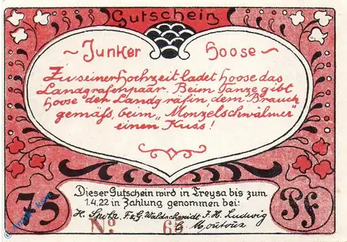 Notgeld H. Spohr Treysa 1340.1.b , 75 Pfennig Schein Kn = braun in kfr. o.D. Hessen Seriennotgeld
