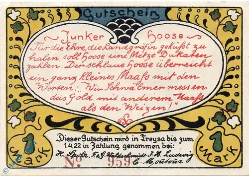 Notgeld H. Spohr Treysa 1340.1.b , 1 Mark Schein Kn = braun in kfr. o.D. Hessen Seriennotgeld