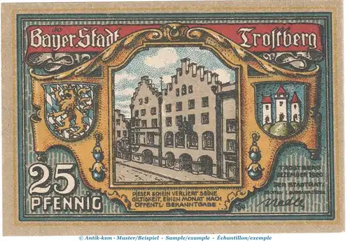 Notgeld Stadt Trostberg 1348.3 , 25 Pfennig --WZ weiß-- in kfr. o.D. Bayern Seriennotgeld