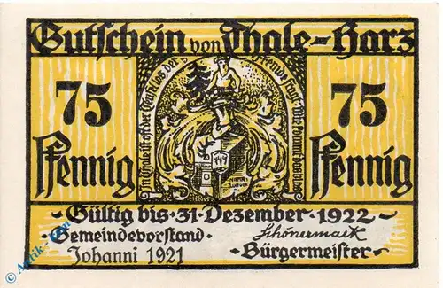Notgeld Thale , 75 Pfennig Schein in kfr. Fehldruck , Mehl Grabowski 1320.9 d , von 1921 , Sachsen Anhalt Seriennotgeld