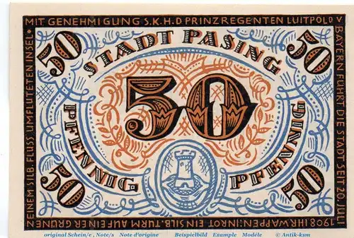 Notgeld Stadt Pasing 1050.3.a , 50 Pfennig Schein in kfr. weiß und rauh , o.D. Bayern Seriennotgeld