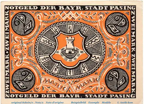 Notgeld Stadt Pasing 1050.3.a , 2 Mark Schein in kfr. weiß und rauh , o.D. Bayern Seriennotgeld